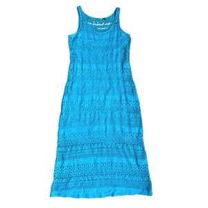 Turquoise Blue 100% Cotton Crochet Knit Maxi Dress Size Large Boho Summer Beach